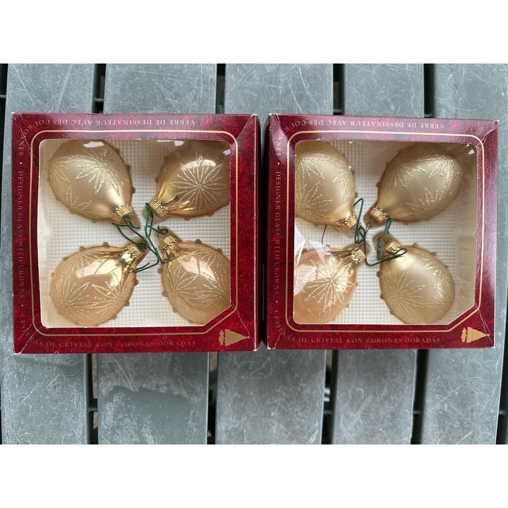 90s Christmas By Krebs 8 VTG Hand Decorated Blown Glass Ornaments Tan/Gold‎